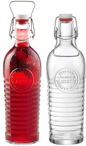 Bormioli Rocco Officina 1825 Swing Top Bottle with Handles (Set of 2) - 37.25 oz with Flip Top, Airtight Beverage Storage Bottles for Juice, Wine, Kombucha, Salad Dressing - Made in Italy