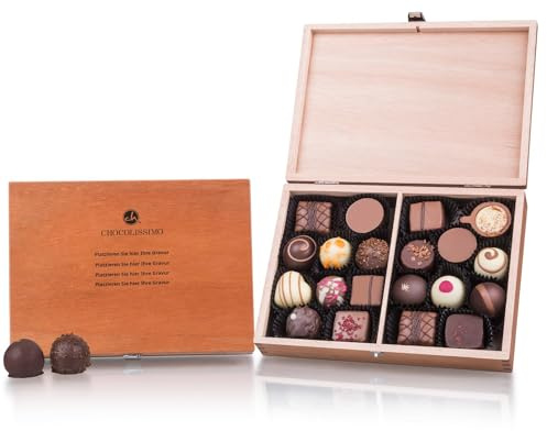 CHOCOLISSIMO - 20 Luxus Pralinen | in einem Holzkästchen mit Gravur | Personalisierte Geschenkideen | Firmengeschenke | alkoholfreien Schokoladen | mit einer persönlichen Message gravieren