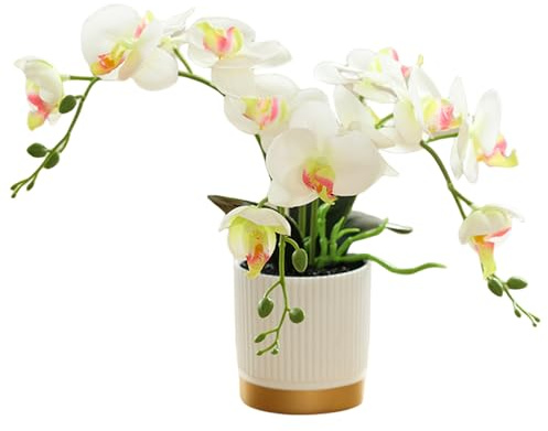 Orquídea Artificial Naranja de Tres Puntas en Maceta Dorada Flor Decorativa Phalaenopsis Amarilla Flor Mariposa Blanca de Imitación (Blanco)