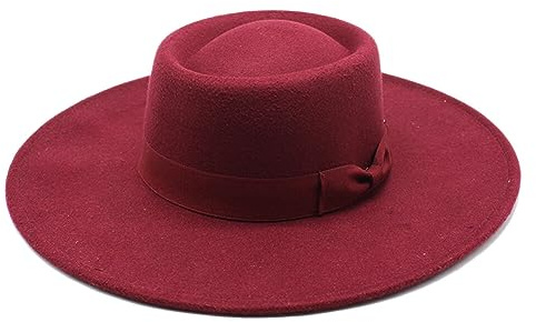 QUUPYSTORE Klassischer Fedora-Hut mit breiter Krempe, Filz, Bootsfahrer, Pork Pie, Jazz, Panamahut mit Schleifengürtel, weinrot, 7-7 1/4