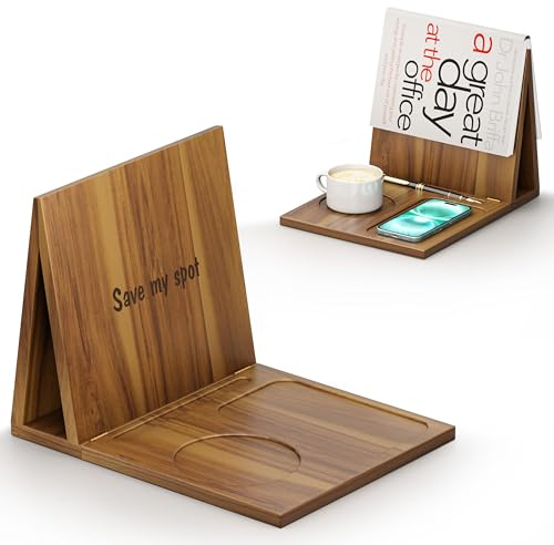 NAGAWOOD Triangle Book Holder, Book Rest, Acacia Foldable Book Nook Reading Valet, Triangle Book Stand with Cup, Pen, Glasses and Phone Holder for Bedroom, Nightstand or Office, Gifts for Book Lover