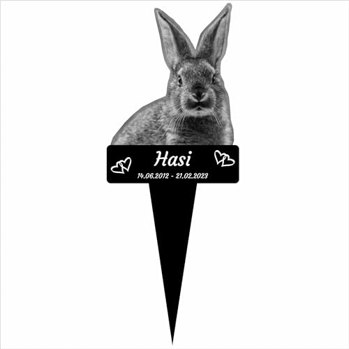 INDIGOS UG - Grabstecker für Haustier - Hase - 10 cm - wetterfester Gedenkpfahl - personalisiert mit Foto und Text - individuell mit Wunschtext und Datum