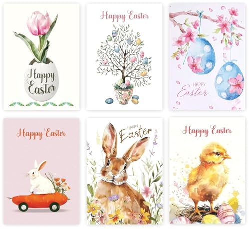 Giftinghouse Easter Cards Multipack of 6/12 - Happy Easter Cards with Envelopes Featuring 6 Unique Mixed Designs, Eco-friendly Blank Inside Greeting Card for kids