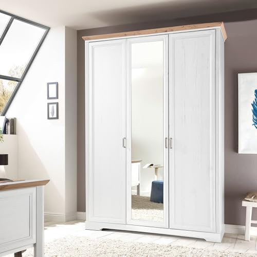 Lomadox Kleiderschrank Drehtürenschrank 3-türig 164 cm breit Pinie weiß mit Eiche