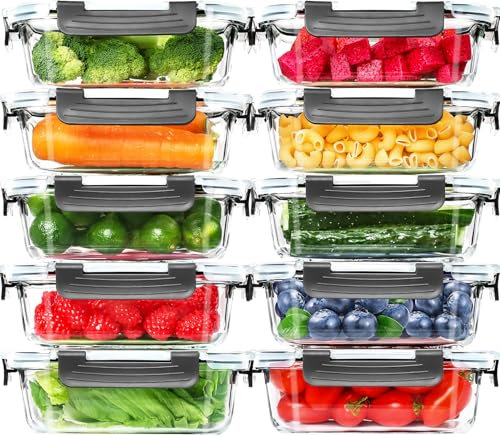 Skroam Contenitori salvafreschezza in vetro, 20 pezzi da 640 ml [10 contenitori + 10 coperchi] – Meal Prep Box per alimenti – coperchi trasparenti – per casa cucina o ristorante