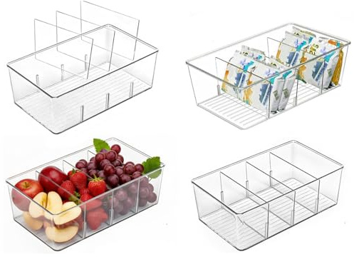 AIYULONG 4 Pack Fridge Organisers,Food storage containers with 3 Dividers for Pantry,Kitchen Storage & Organisation, Clear Cupboard Drawer Organiser for Snack, Spice Packet