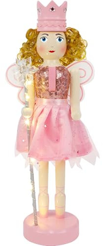 Joliyoou Figuras de cascanueces de Navidad de 14 pulgadas, cascanueces de madera, reina de hadas rosa sosteniendo una varita de copo de nieve iluminada, adornos de mantel de cascanueces de Navidad,