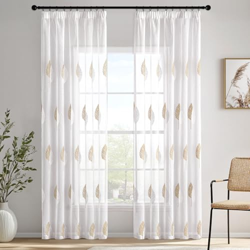 MIULEE Gardine Stickerei Blattmuster 2er Set B140 H225 Braun-Weiß | Transparente Gardine mit Stickerei Blattmuster und Kräuselband, modernes Dekor für Wohnzimmer und Schlafzimmer
