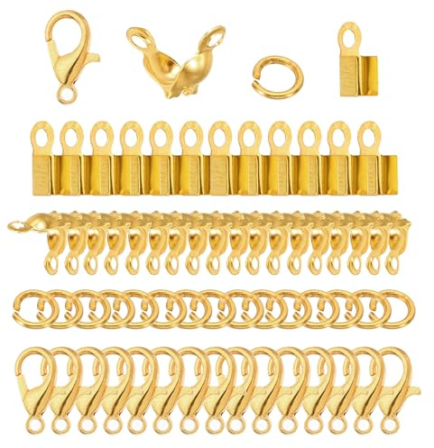 PATIKIL 50pz 150pz 150pz 150pz Gioielli Creazione Accessori Set Perline Oro | Piega Sopra Corda Fine Cappucci, Suggerimenti Nodo Copertine, Apri Impianto Anello, Aragosta Chiusure, per Gioielli
