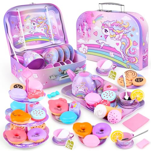 ARANEE Tea Set Toys for 3 4 5 6 7 8 Girls Unicorn Toy Kitchen Toys for Tea Party with Tea Bags and Lemon Slices, Variety Dessert, Teapot Tray, Tablecloth&Carrying Case