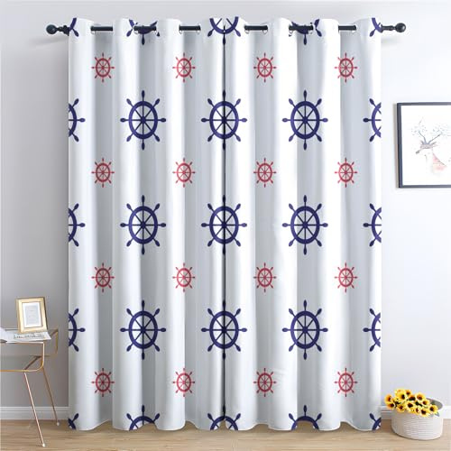 SZLYZM Maritim Vorhänge, Verdunklungsvorhänge mit Muster Nautisch, Vorhang Blickdicht mit Ösen, Gardinen für Wohnzimmer Schlafzimmer Deko 2er Set - 137x117 (H X B)