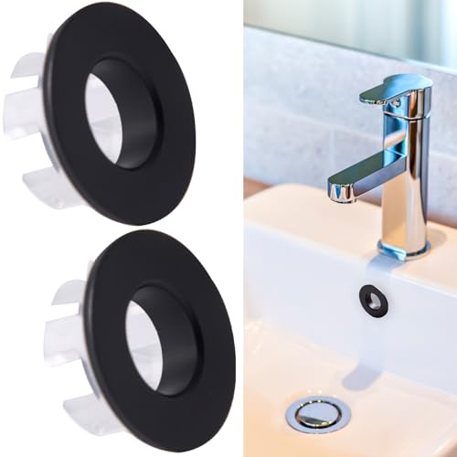 2PCS Black Overflow Ring,Sink Overflow Cover Bath Overflow Cover Replacement Round Overflow Sink Hole Cover Sink Overflow Cap for Bathroom and Kitchen (Black)