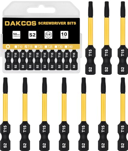 DAKCOS T15 Torx Bit, S2 Bits Sortiment, 1/4 Sechskantschaft (Länge: 50mm, 10 Stück)
