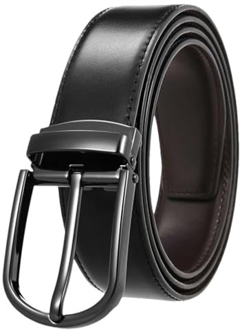 Herren Wendegürtel Rindsleder Silber Schnalle Gürtel Echt Leder Hosengürtel, Schwarz , 33 EU