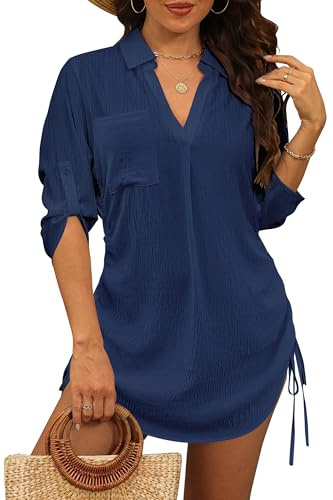 StylSense Damen Strandkleid Sommer Bikini Cover Up Badeanzug Sommerkleider Damen Leicht Strandponcho Bluse mit Tunnelzug (Blau, L)