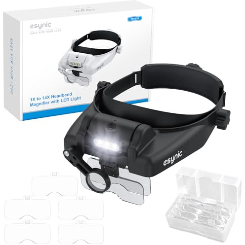 eSynic Loupe Frontale 1X à 14X avec Lampe LED Lunette Grossissante avec 5 Lentilles Amovibles 1,0X 1,5X 2,0X 2,5X 3,5X Lunette Loupe Rechargeable Type-C pour Réparations Couture Artisanat - Noir