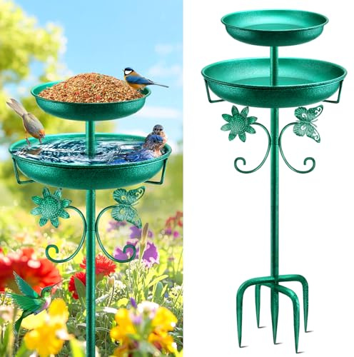 Mngren Vogeltränke Stehend,Vogelbad für Draußen Garten,2 In 1 Metall Vogelbecken Schüssel Wassertränke für Vögel, Antike Vogeltränke Winterfest Futter Wasserschale (Grün)