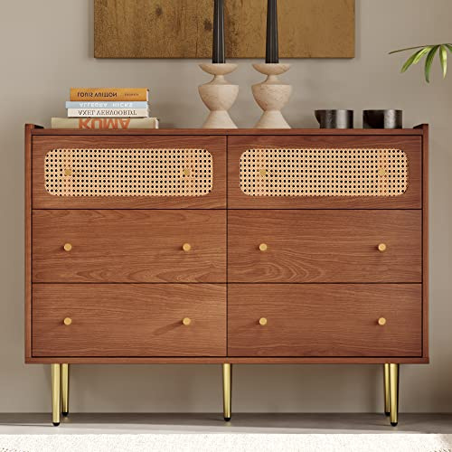 Aurofurz Schubladenkommode Kommode mit 6 Schubladen, Rattan Sideboard Highboard für Schlafzimmer & alle Wohnräume, Mehrzweckschrank Rattankommode für Wohnzimmer,Schlafzimmer H90/B120/T40 cm