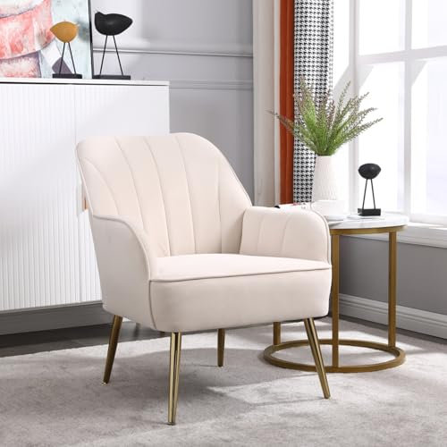Moderner Samt-Freizeitsessel mit ergonomischer Rückenlehne, luxuriöser Polsterstuhl mit goldenen Metallbeinen, Lounge Sessel für Wohnzimmer, Schlafzimmer, Büro und Empfangsräume (Beige,1)