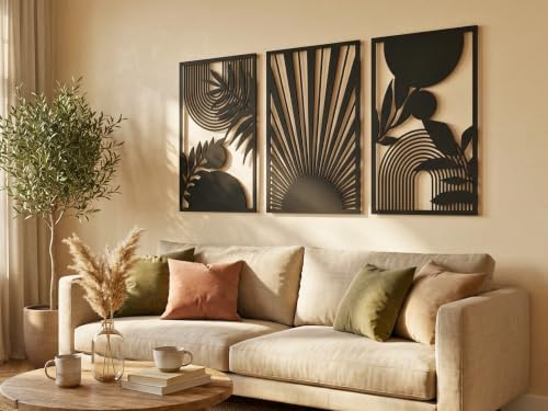 VAILLA Boho Wandbilder Holz 3D – Wanddeko Wohnzimmer Schlafzimmer Büro Flur | MDF Sperrholz, Lasergeschnitten, Mandala Makramee Boho, 5 Größen, Schwarz Silber Gold, personalisierbar, Eingang Esszimmer