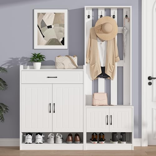FAYICIC weiß Garderoben-Set 140.6 x 32 x 180 cm, Flurgarderobe Paneel+Schuhschränke, Matt, Flurmöbel, Flurtrockenständer, Flurgarderobe, Schuhwechsler-Set