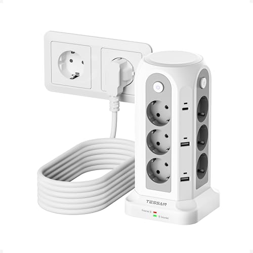 TESSAN Regletas Enchufes con Interruptores Individuales, Alargador Enchufe 5 Metros, 18 en 1 Torre Enchufes Vertical con 6 USB(2 USB C), 12 Tomas Multiples, Regleta Proteccion Sobretension para Hogar