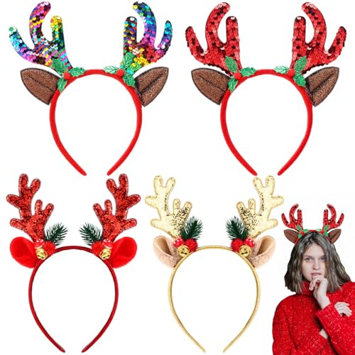 Xuniea 4 Pcs Serre-Tête de Noël avec Oreilles de Renne Costume de Renne Décoration Serre Tête Pailleté Bandeaux de Cerf Noël Accessoires Cheveux pour Femmes Adultes