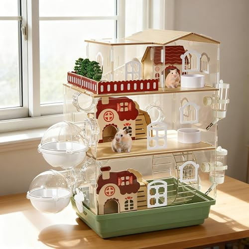17-in-1 Acryl-Hamsterkäfig im Gartendesign 35 × 26 × 52 cm – Transparent, Mehrstöckig, inkl. Holzvilla, Laufrad, Tunnel, Trinkflasche, Badehäuschen & Spiel-Zubehör (3 Ebenen)