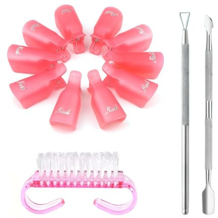 KIRZAX Ensemble Dissolvant et Nettoyant Vernis à Ongles,Capuchon Ongles Remover Nail Clips Set,10 Pinces Doigts + Grattoir + Poussoir Cuticules+Brosse Ongles,Pour Dépôt Ongle Semi Permanent