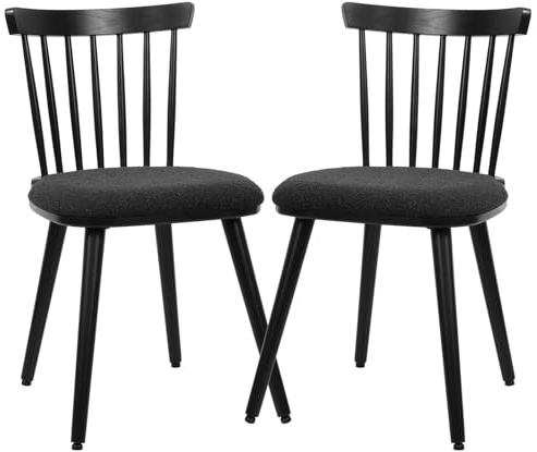 Bekrvio Upholstered Black Dining Chairs Set of 2, Farmhouse Spindle-Back Wooden Chairs with Cushion Seat, Mid-Century Modern Padded Windsor Chairs in Black Boucle Fabric for Dining Room