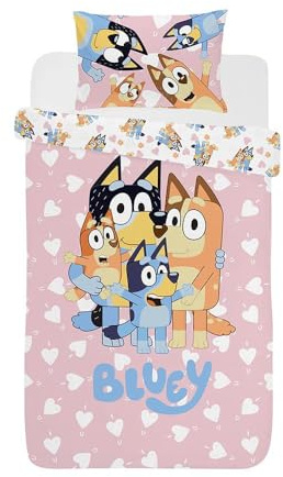 dreamtex Bluey I Love U Single Duvet Cover and Pillowcase Set for Kids, Children's Bedroom(, Nursery with Hearts in Pink SP3-BLU-ILU-12)