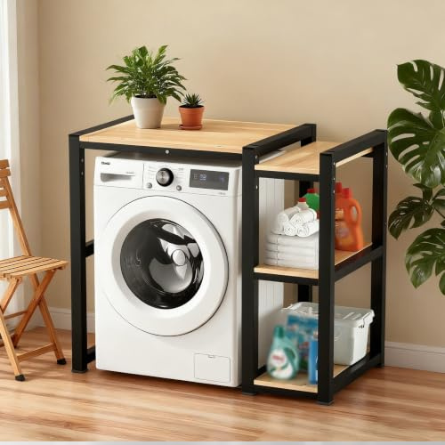 Armario Lavadora Y Secadora – Estantería Superior 3 Niveles Ajustables, Estructura Acero 4cm Reforzado, Mueble Vertical para Lavadora De Tambor y Cuarto De Lavado(Black)