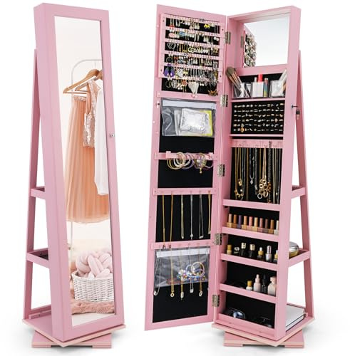 COSTWAY Armadietto Portagioielli Autoportante Girevole con Specchio, Specchio a Figura Intera Organizzatore per Gioielli, Porta Richiudibile a Chiavi (39 x 39 x 161 cm,Rosa)