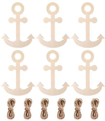 Healvian Juego de 6 Adornos de Ancla de Madera sin Terminar Cuerda de Yute para Decoración Temática Oceánica Manualidades DIY Decoración de Pared y Fiestas Náuticas