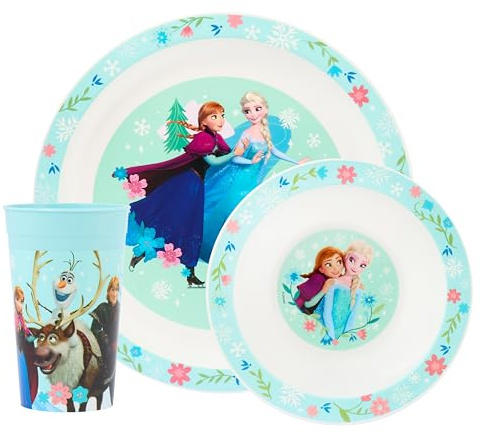 Disney Frozen - Vajilla infantil de polipropileno de 3 piezas, plato, cuenco y vaso con Anna, Elsa, Olaf, Kristoff y Sven, apto para microondas y lavavajillas, apto para mayores de 36 meses