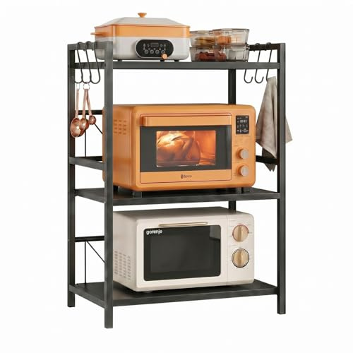 Braozaiw 3-Tier Expandable Microwave Oven Rack, Adjustable Carbon Steel Kitchen Shelf, Length 40-60cm, Height Adjustable with 6 Hooks for Kitchen Organisation