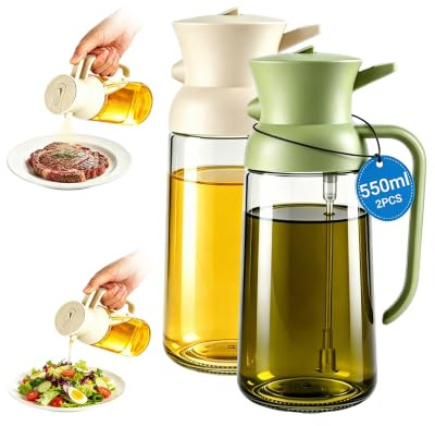 XLMJDZQ Spruzzino Olio 2 in 1, 550 ml in Vetro, 2 Pezzi Set (Bianco, Verde) | Spruzzino Olio per Friggitrice ad Aria, Spray e Versamento, Barbecue e Insalata, Dosaggio Controllato e Antigoccia