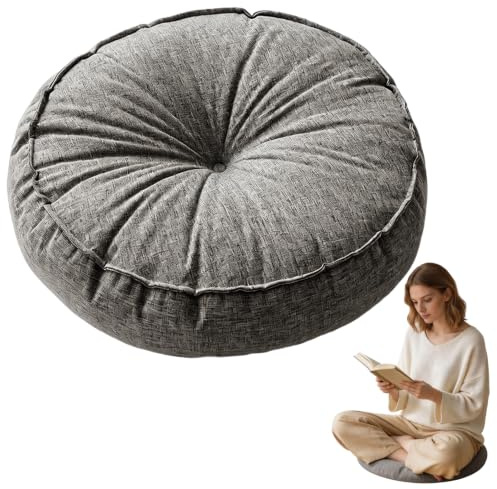 Bodenkissen rund dick, Sitzkissen Sitzpouf für Meditation, Yoga, Outdoor & Indoor Gartenkissen für Gartenmöbel, wetterfest wasserfest, hochwertiger Leinen-Bezug, 45 cm Ø, 10 cm hoch (Dunkelgrau)