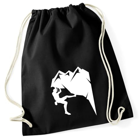 Huuraa Turnbeutel Klettern Silhouette Geschenk | Sportbeutel 12 Liter Black Baumwolle Schwarzer Rucksack Geschenkidee Unisex Beutel mit Kordelzug Baumwollbeutel