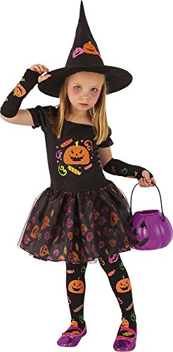 Rubies Costume Strega Candy per bambina, Vestito stampato, maniche, calze e capello, Ufficiale, Stregas, Witches, Caramelle per Halloween, Feste e Cosplay