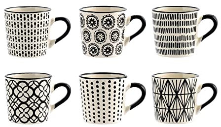 H&H Vhera Set 6 Tazzine Caffè in Stoneware (85 ml) – Eleganti Tazzine Bianco/Nero con Decorazioni Geometriche e Floreali – Lavabili in Lavastoviglie e Utilizzabili in Microonde