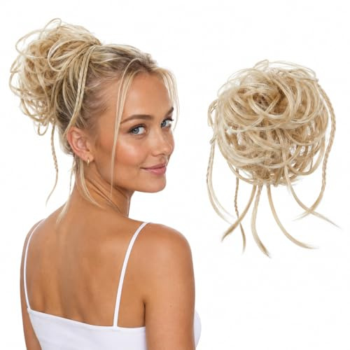 CAISHA XXL Haarteil Haargummi Daisy Dutt Hochsteckfrisuren Mit Geflochtenen Zöpfen Gewellt Kunstfaser Hitzebeständig DM17cm Hellblond Mix G22D