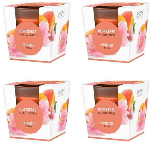 pajoma® Doftljus set om 4, persika – i satinerat glas | 4 x 120 g vaxvikt, brinntid: 25 timmar, i elegant presentförpackning | premiumkvalitet