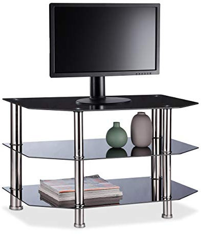 Relaxdays Fernsehtisch Schwarzglas, 3 gehärtete Glasablagen, gummierte Standfüße, Edelstahl, 49x80x45cm, schwarz/Silber