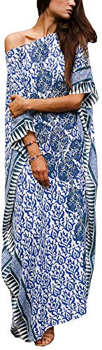 FreestyleMo Dam elegant strandponcho lös kaftan klänning sommar lång strandklänning maxiklänning, blå, En Storlek