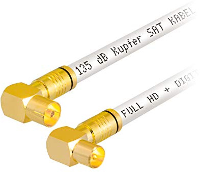 HB-DIGITAL HDTV - Cavo antenna in rame puro IEC a 5 schermature, max. 135 dB, coassiale, 2 connettori a compressione angolare a 90°, dorati, 1080p Full HD 3D UHD Ultra 4K, 20 m, spina presa, bianco