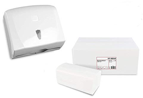 Handtuch-Papierspender Set | Kapazität für ca. 300 Blatt C/V-Falz | modernes Design, weiß | Sichtfenster zur Verbrauchskontrolle | inkl. 4000 Stück Handtuchpapier 2-lagig, V-Falz, 24x21 cm, hochweiß