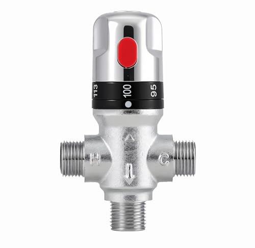 TreMax Thermostaic Mixing Valve with 1/2 NPT Thread, Shower Mixing Valve with NPT Connector no need Adaptors, Temperature Control Valve, Fahrenheit Scale Mark, Solid Brass- Silver