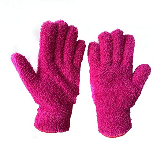 SEIWEI Dusting Glove Cleaning Cloth Gloves Microfiber Making Duster Easy For House Cleaning Trucks Cars Lamps Window, Rose red