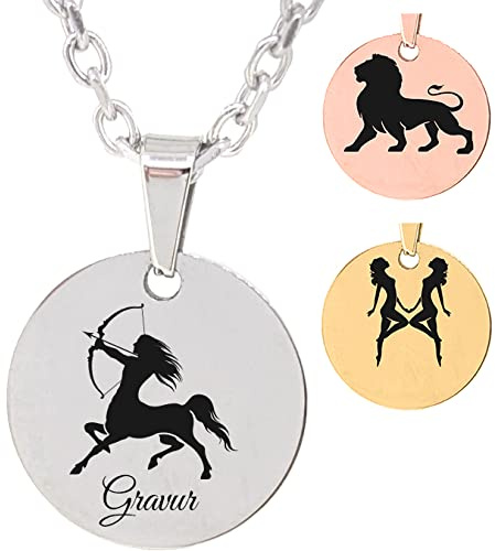 UHRENWELT Anhänger mit Sternzeichen und Kette/eigener Gravur Text auf Vorderseite & Rückseite möglich (Wunschgravur) / in 3 Farben wählbar (Silber/Gold/Rosé)